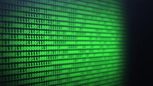 Blur binary code on computer screen background. Green digits listing table.