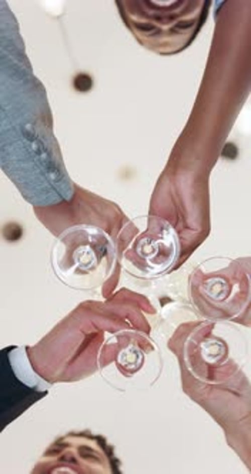 Success, business people and hands with toast in office, startup celebration and social event