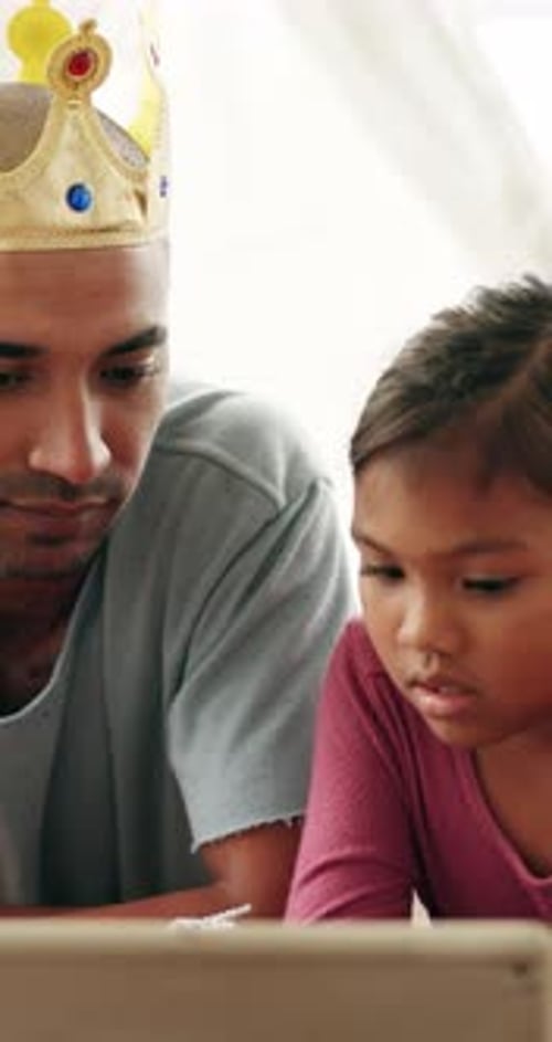 Costume, father and girl with tablet in home, streaming princess movie or watch cartoon for bonding