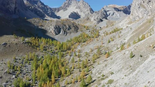 drone flying above the mountains, forward movement approaching trees