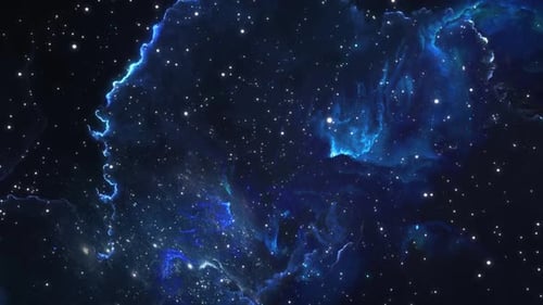 Blue glowing galaxies fly by, a flight to the far reaches of the universe.