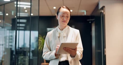 Walking, office and business woman with tablet, typing and online schedule planning in lobby