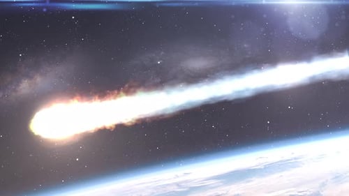 Fiery Meteor Streaking Across Space Above Earth