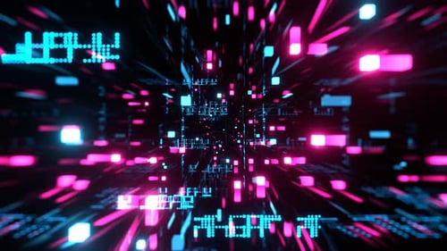 Digitaler Neonhintergrund mit Würfeln und Punkten in Cyan und Rosa, VJ Loop in 4K