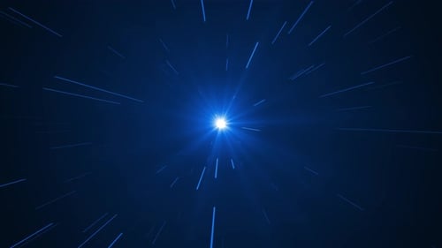 Particles flying towards rays of light, luminous lines at high speed. Futuristic blue background