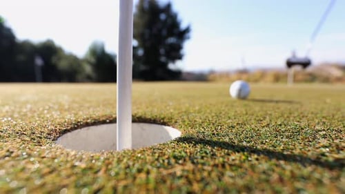 Low angle close up: Golfer putts ball on golf green into foreground cup
