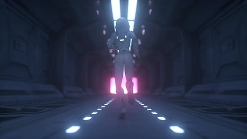 Astronaut läuft durch einen Raumschifftunnel. Raumschiff- und Technologiekonzept