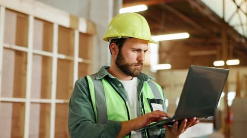 Factory, industry or man with laptop in woodwork workshop for manufacturing or furniture production