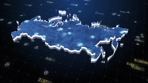 Futuristic Digital Map of Russia with Network Data Visualization