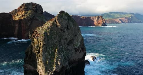 Cliffs And Rocks Of Ponta de Sao Lourenco In Eastern Madeira, Portugal - aerial drone shot