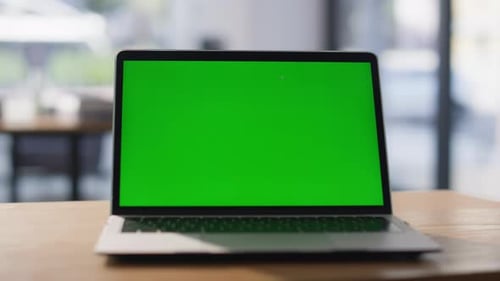 Mockup Laptop Standing Office Desk Closeup Modern Green Screen Computer Online