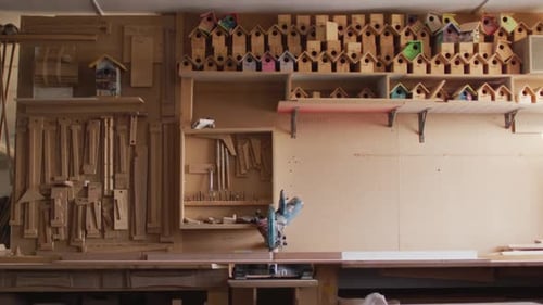 Video of shelves with tools in traditional carpentry workshop