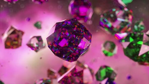 Animación 3D vívida de diamantes de color verde esmeralda y varios tonos sobre un fondo rosa suave