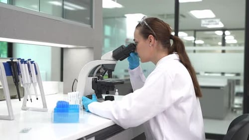 Woman Scientist Using Microscope in Bright Modern Laboratory
