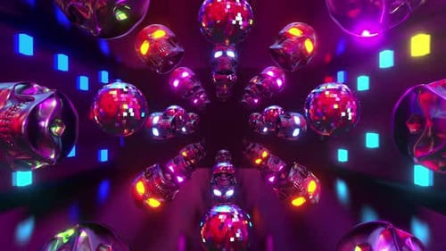 Neon Skulls and Disco Balls Tunnel with Bright Lights