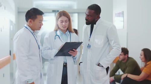 Doctors Consult Charts in Busy Hospital Hallway