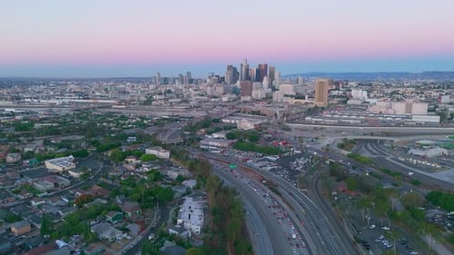Aerial view of Los Angeles skyline, United States.