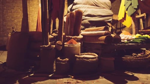 Warm Glow on Traditional Market Spices and Textiles