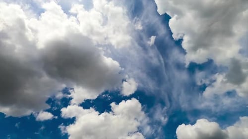 Cotton cloudscape gathering in the sky. Timelapse. Beautiful blue skyline on fantastic sunny day.