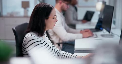 Office, thinking and woman with computer at desk for information technology, network and solution