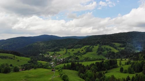 Summer landscape of ski lifts in Wierchomla village in Beskid mountain, Poland