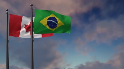 Canada and Brazil Flags Waving in the Wind
