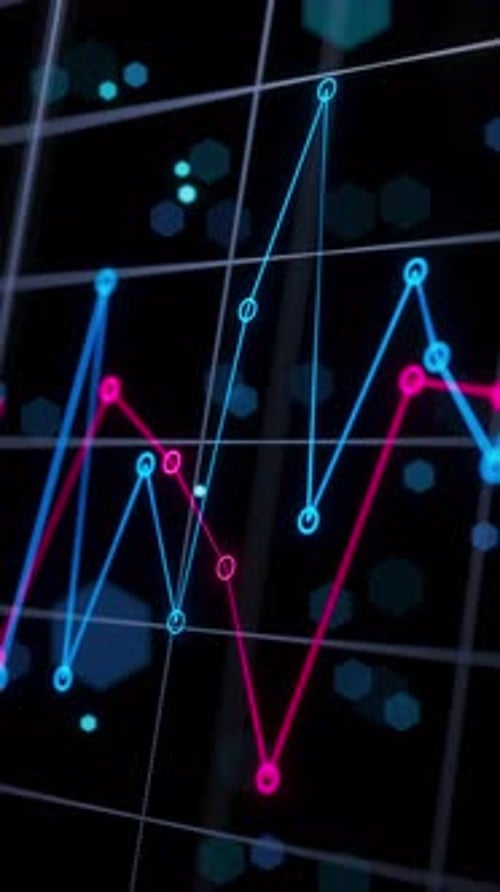 Seamless 3D loop of vibrant blue and magenta market graph lines.