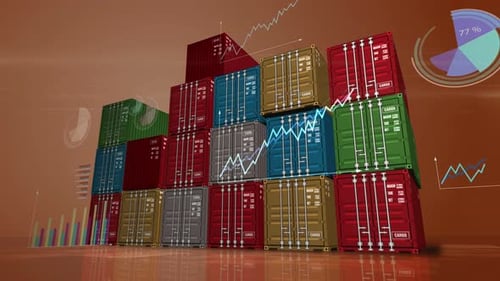 Animated Shipping Containers with Growing Business Data Graphics