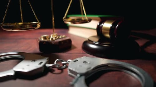 Vista de perto de um juiz Martelo com algemas e uma balança de justiça