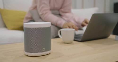 woman command ask AI turn on or turn off device.