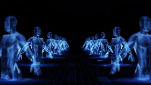 Holographische Figuren in einer futuristischen symmetrischen Anordnung