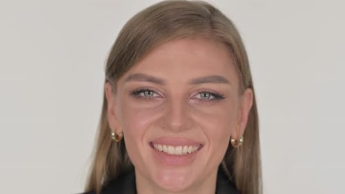 Close up of Smiling Woman Face on White Background