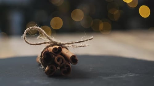 Fragrant Cinnamon Sticks Tied with Twine, Close Up