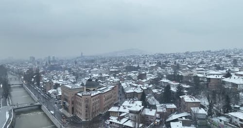 Sarajevo City Hall or National Library in Town Center Aerialhyper Lapse or Time Lapse