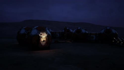 Nighttime Mars Colony Base with Domed Structures and Rugged Land