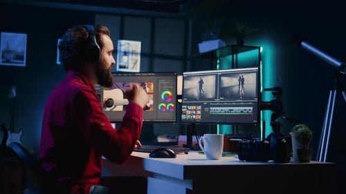 Videographer Using Headphones to Test and Improve Audio Quality Using Editing Tools