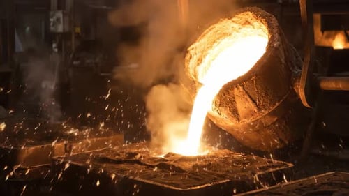 Gießen von geschmolzenem Metall mit Funken in einer Gießerei für die Schwerindustrie