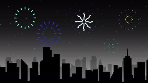 City silhouette background with animated fireworks celebrating new year