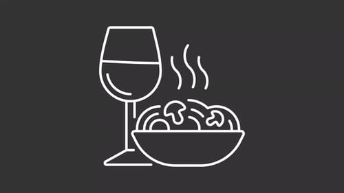 Animated dinner with wine and spaghetti white line icon