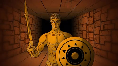 Ancient Warrior with Sword and Shield in Stone Corridor