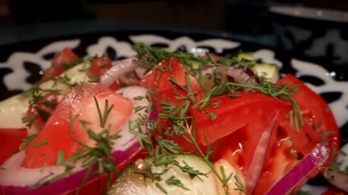 Tasty Dinner in Restaurant of Central Asia Cuisine Macro Shot Salad From Fresh Vegetables and Meat