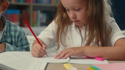 Close Up Two Focused Clever Little Multiracial Children Writing Drawing Study Elementary Course