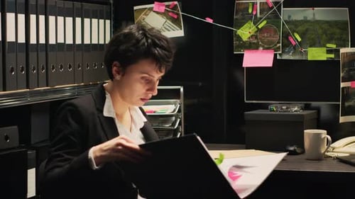 Woman Reads Documents at Her Workplace
