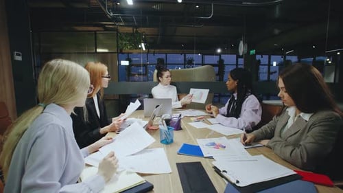 A Group of Business Women Meeting is Taking Place in a Modern Office Space That Features Various