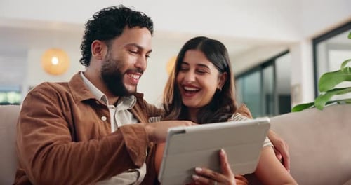 Smile, search and tablet with couple on sofa for social media post, bonding and online update