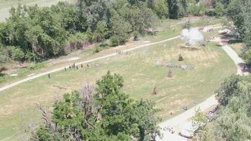Civil War Reenactment on Green Field From Above