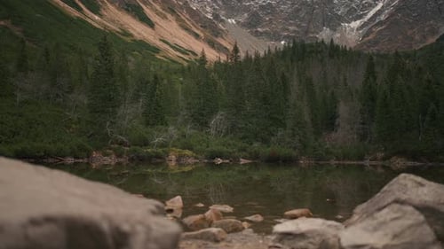 Panning shot of lake in the mountains
