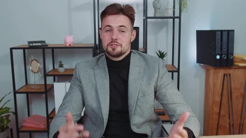 Businessman Working on Laptop at Office Talk on Online Communication Video Call with Employee Boss