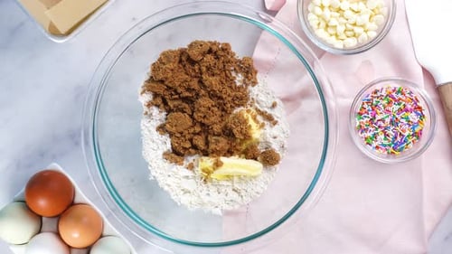 Adding Sugar to Cookie Dough Ingredients, Overhead View