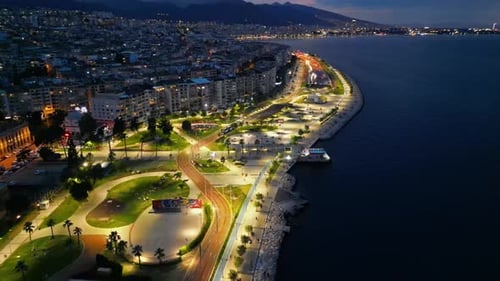 Drone view of Izmir coast at sunset